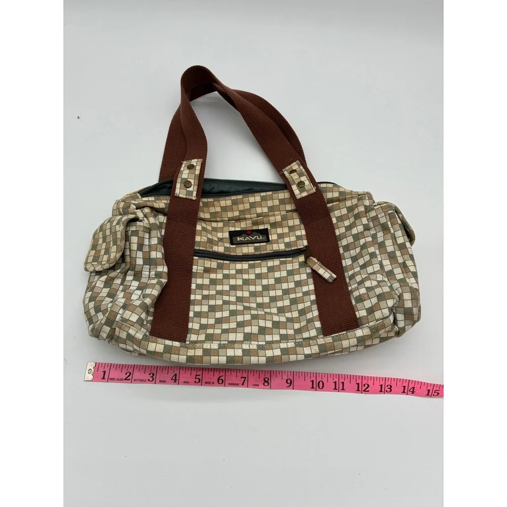 Kavu Canvas Shoulder Bag Checkered Tan Brown Green Zip Top Everyday Tote